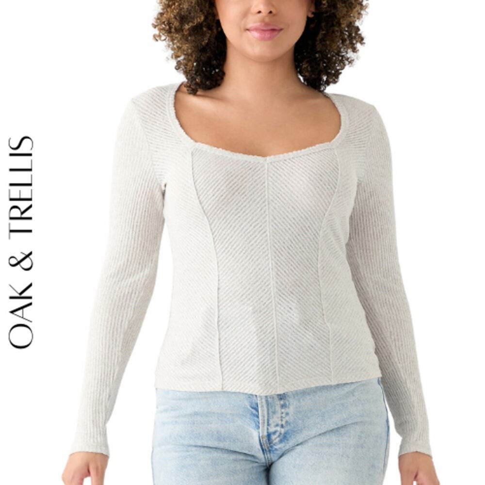 Oak & Trellis S Oatmeal Square Neck Top – Trendy Layering Essential NWT